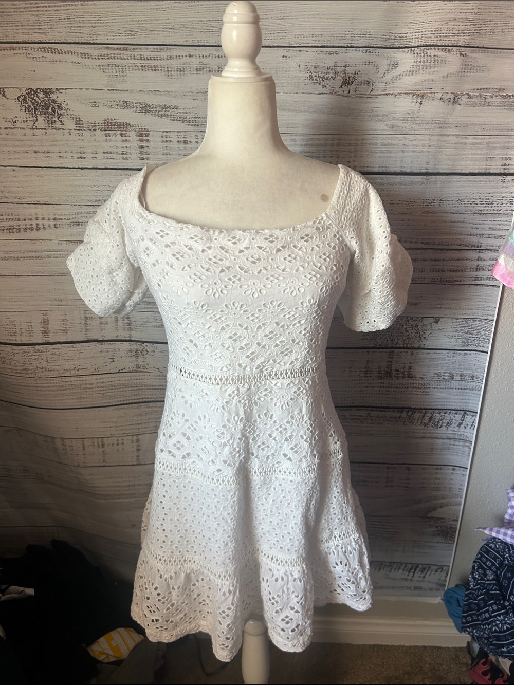 Lulus White Eyelet Square Neck Fit & Flare Dress size large